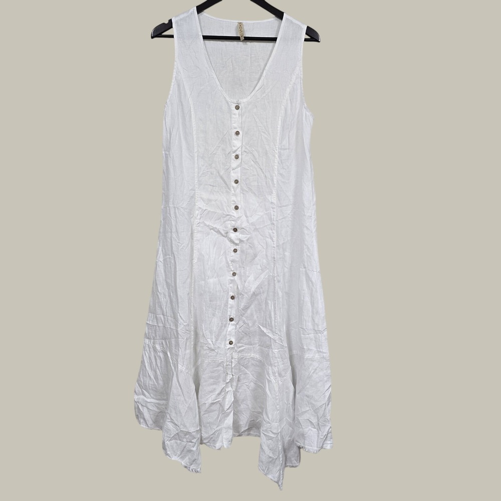 XCVI Linen Button Down Dress Womens M White Handkerchief Hem Boho Lagenlook